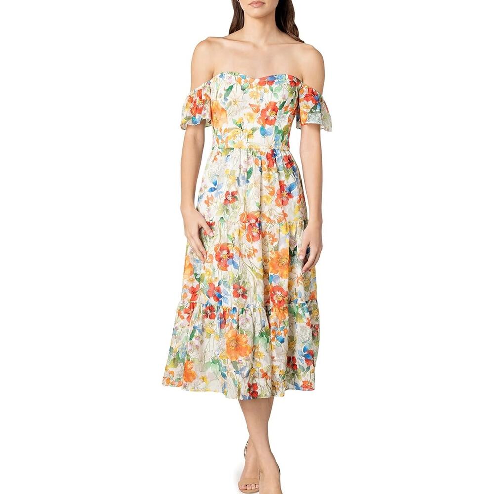 Dress The Population Womens River Off The Shoulder Tiered Midi Dress Floral S